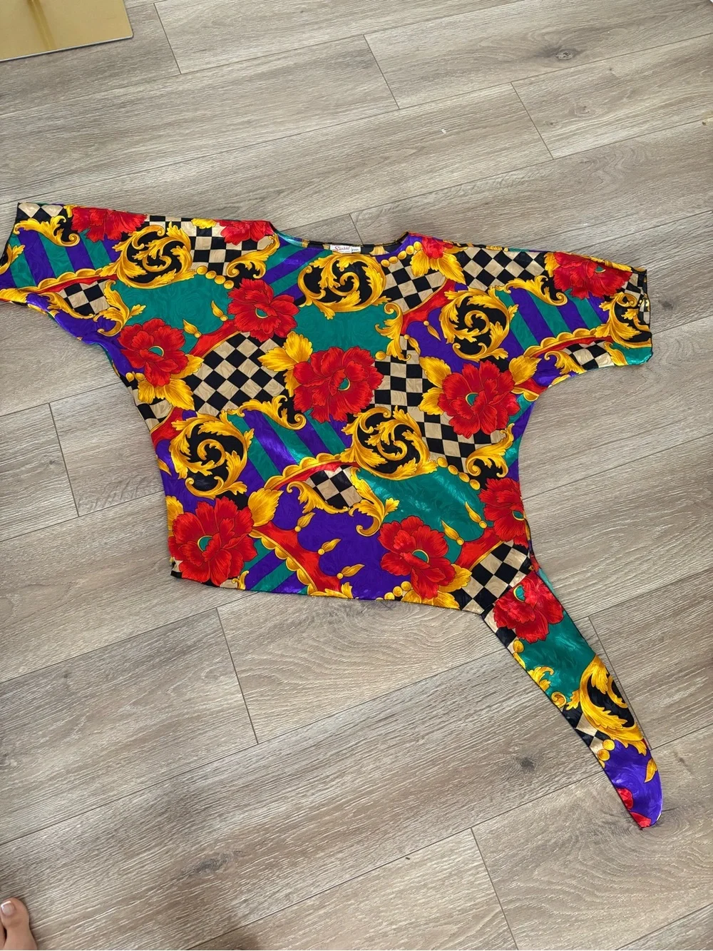 Vintage 80s Baroque Floral Satin Blouse Colorful Statement Top